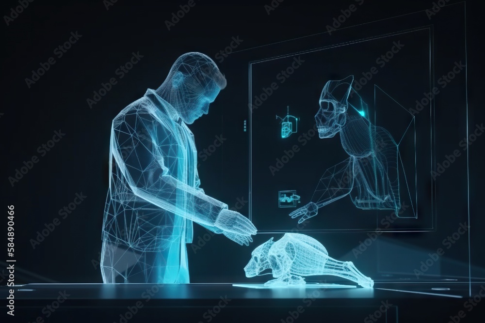 Poster a man is touching a dog's paw with a futuristic interface zoo video art augmented reality generative