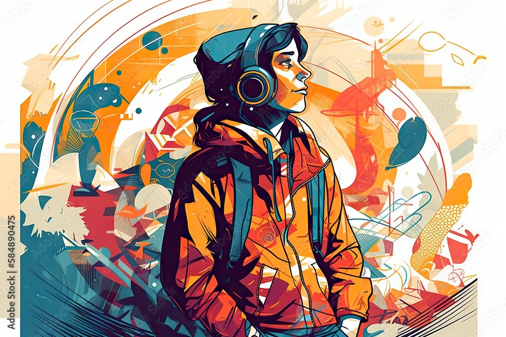 Poster a man with headphones on standing in front of a colorful background tundra graphic design print desi