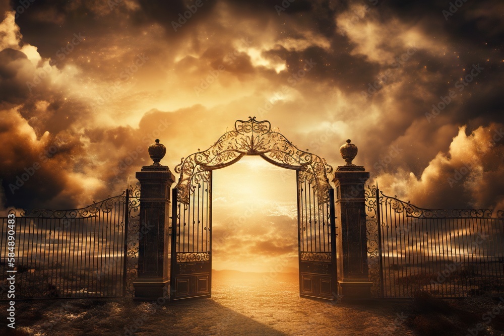 Poster a gate with a sky background and clouds in the background with a sun setting cemetery gothic fiction