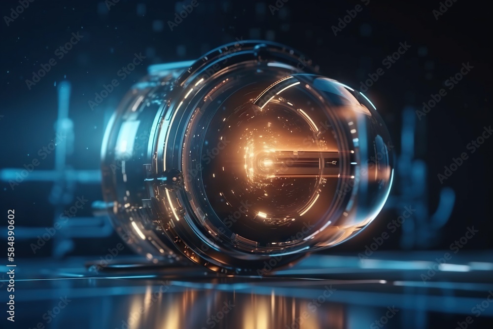 Poster a futuristic glass object with a bright light in the middle of it factory animation motion graphics