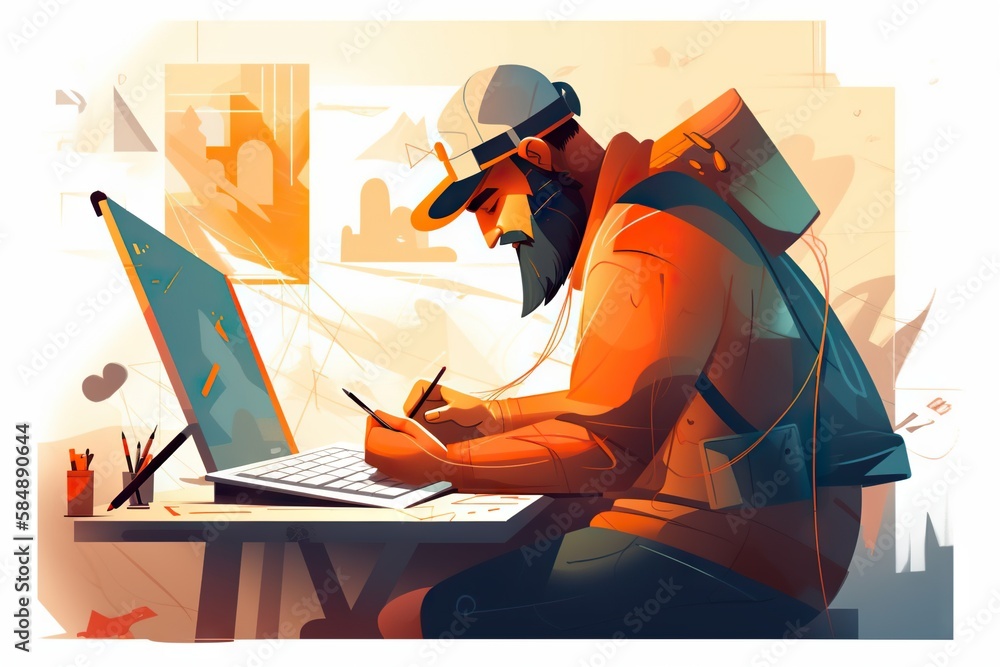 Poster a man sitting at a desk with a laptop computer in front of him workshop graphic design business writ