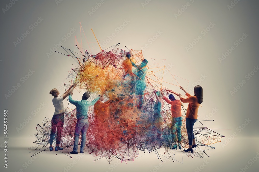 Poster a group of people standing around a colorful structure with wires and wires workshop advertising pho