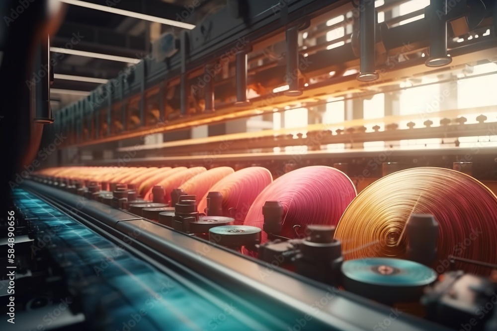Poster a factory with many different colored spools of thread on the conveyor belt factory animation motion