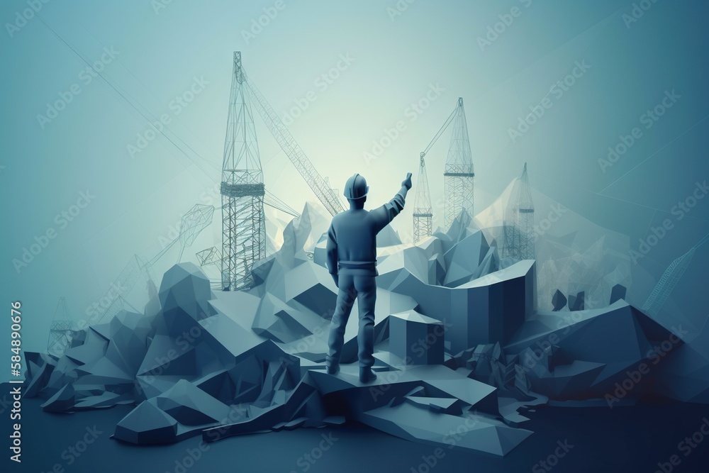 Poster a man standing on a pile of rocks with a crane in the background construction site constructivism co