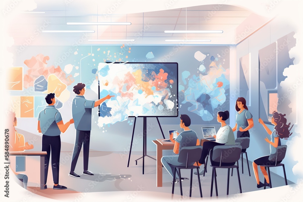 Poster a group of people are in a room with a large screen workshop graphic design employee training and de