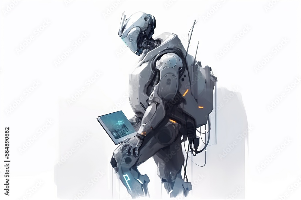 Poster a robot with a laptop on his lap is standing in front of a wall library digital art robotics enginee