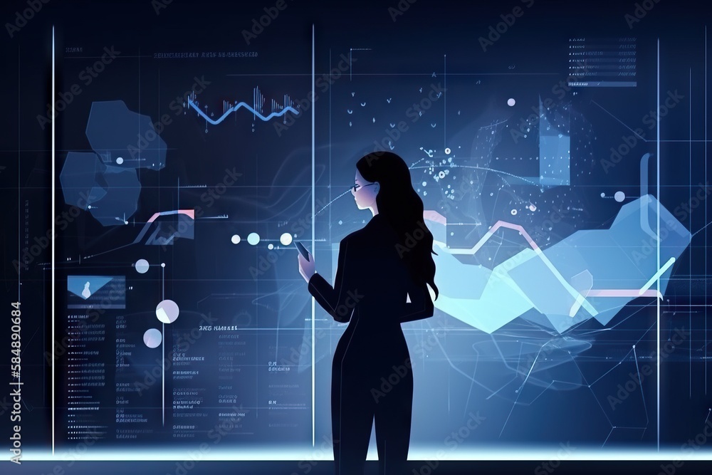 Poster a woman standing in front of a display with graphs on it workshop graphic design data analytics