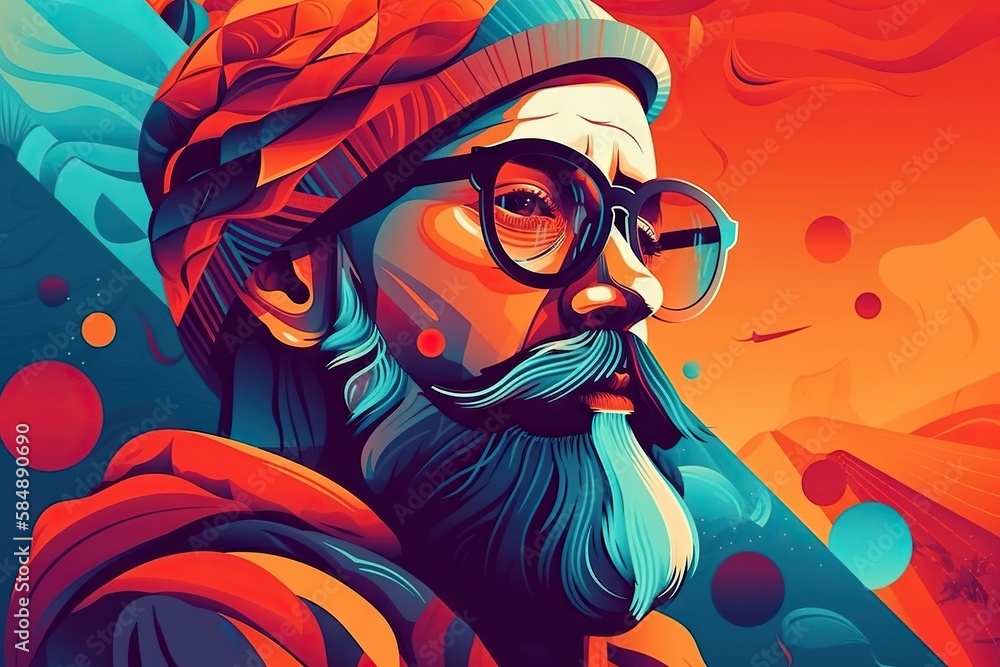 Poster a man with a beard and glasses in a colorful background with bubbles zoo fauvism print design