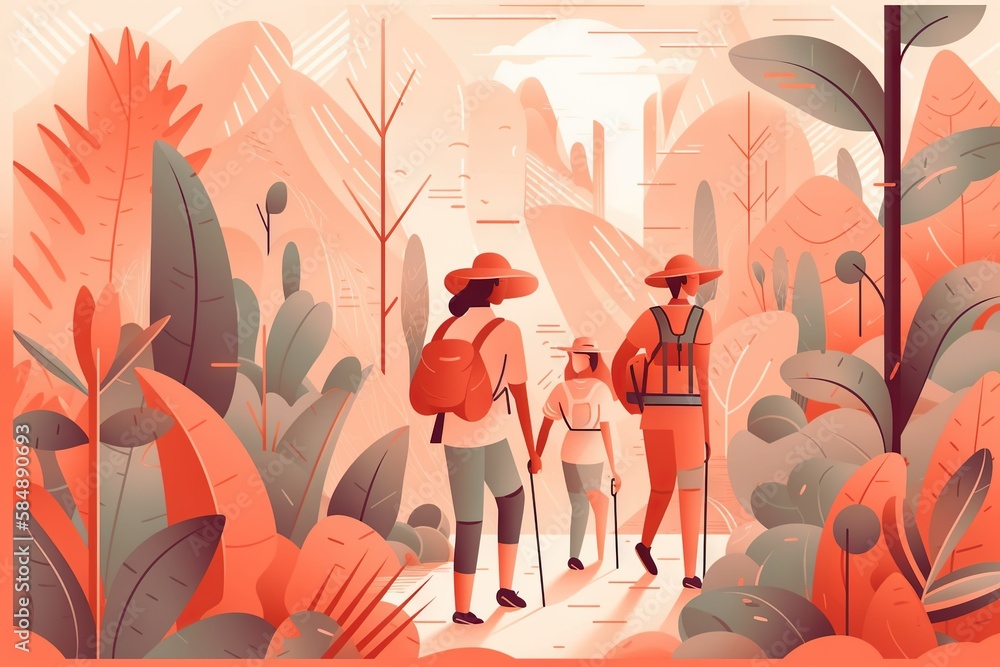 Poster a couple of people walking down a path through a forest filled with trees mountain trail in summer f