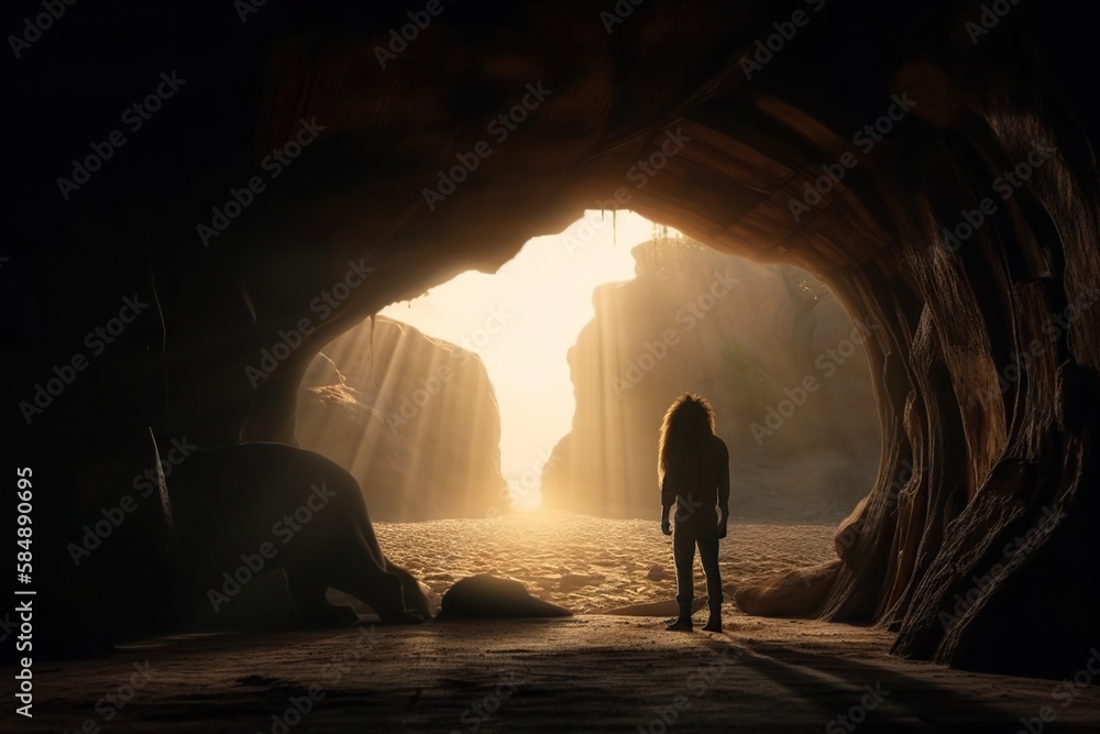 Poster a person standing in a cave looking at the sun through the window canyon animation animation filmmak