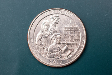 Quarter dollar US, 25 cent coin, Ellis Island National Monument (New Jersey), USA