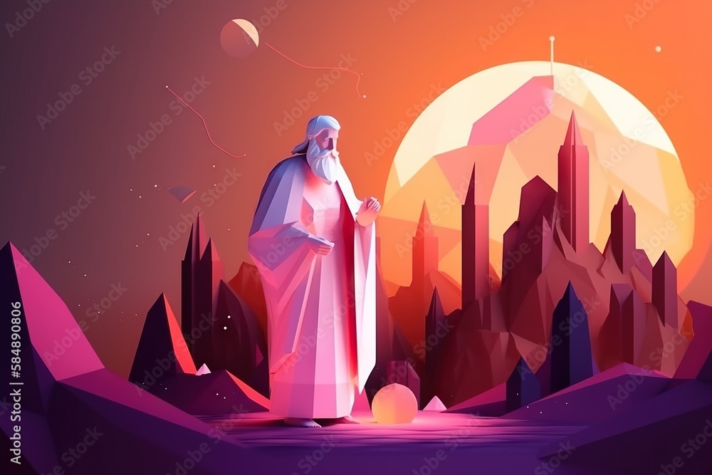 Poster a man in a long robe standing in front of a city lunar landscape animation motion graphics generativ