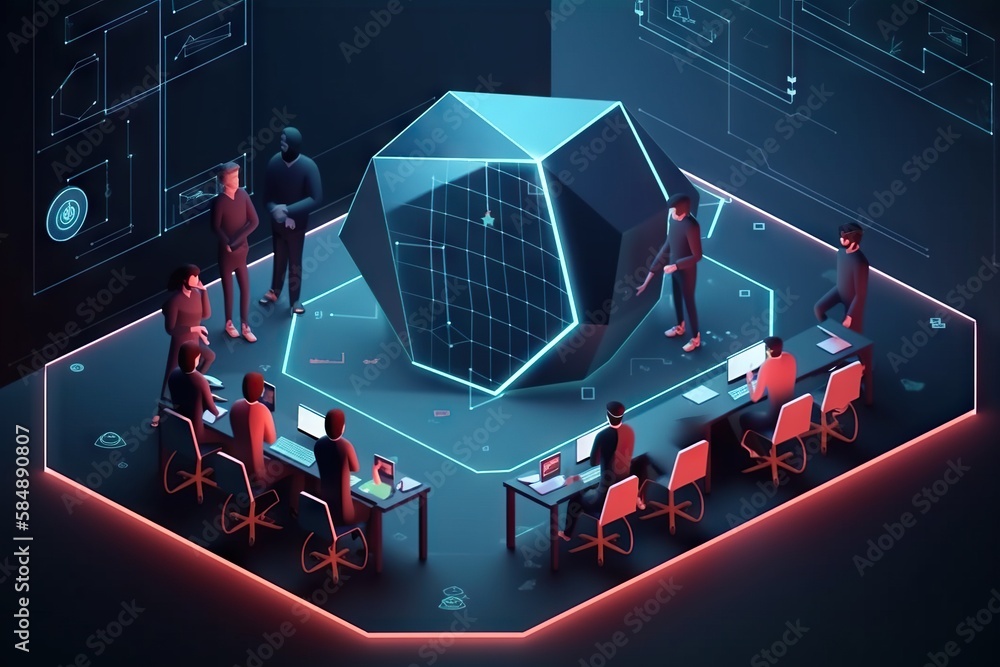 Poster a group of people standing around a table with a computer on it conference room animation cybersecur