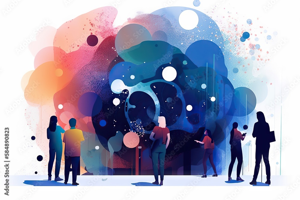 Poster a group of people standing in front of a colorful background with bubbles workshop color field paint