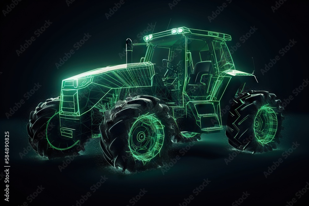 Poster a tractor with glowing wheels on a dark background 3d rendering illustration farm animation motion g