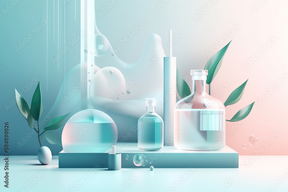 Poster a set of cosmetics products with a plant in the background and a window aquarium photorealism motion