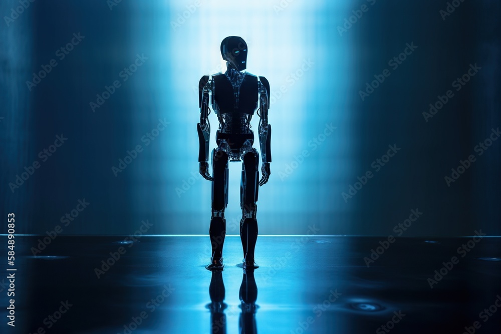 Poster a robot standing in a dark room with a light shining on it science museum panoramic photography robo