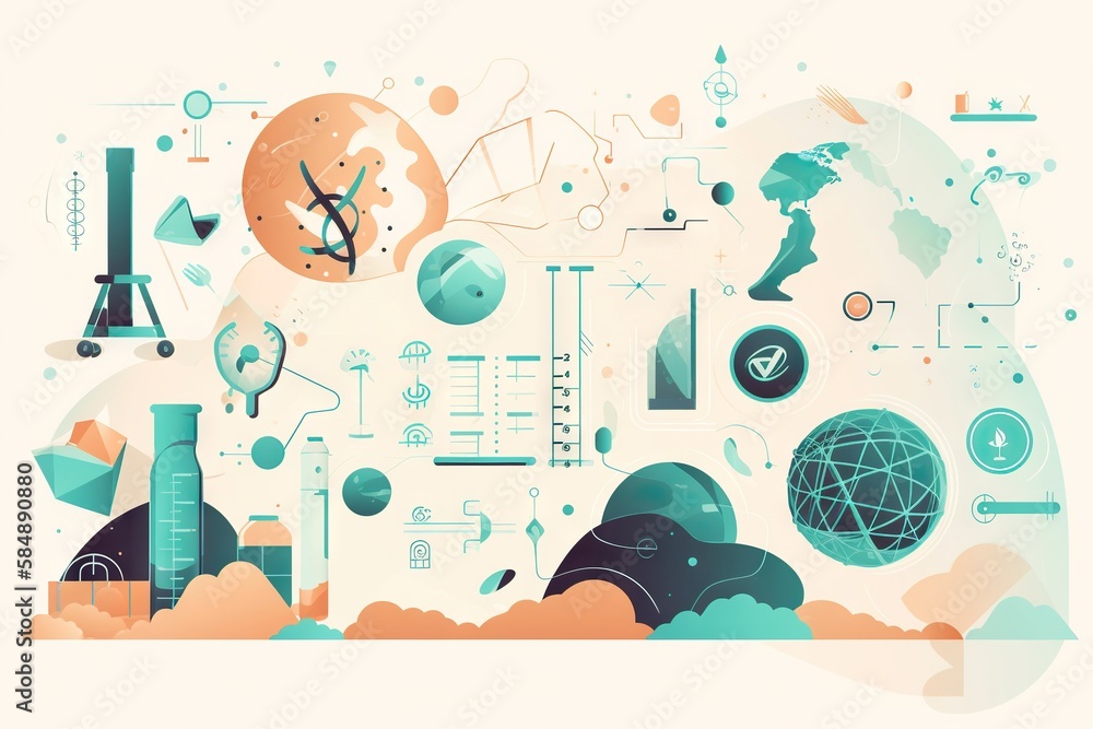 Poster a graphic of a science themed background with a clock and various objects science museum graphic des