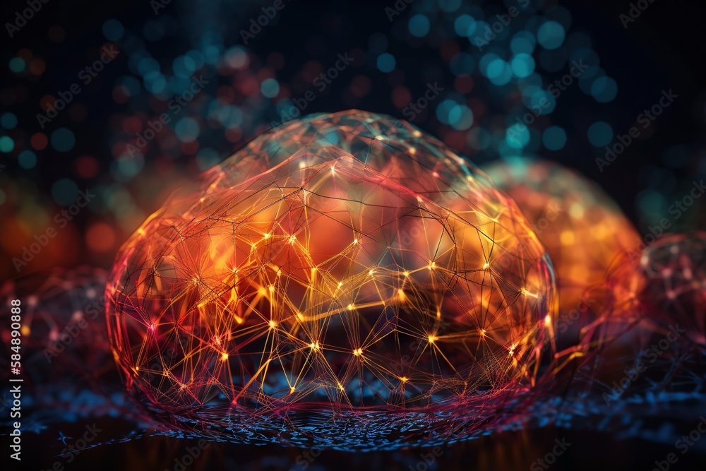 Poster a sphere with a lot of lines and dots on it with a dark background deep sea trench animation network
