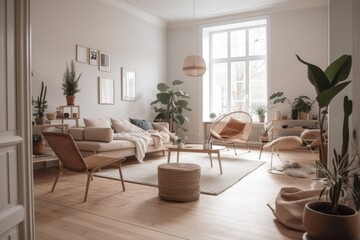 Fototapeta premium Minimalist living room design. Scandinavian modern interior design. Midcentury furniture. Beautiful cozy rental apartment. Generative AI