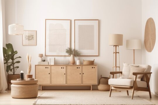 Modern beige living room with mock up poster frame, wooden sideboard, armchair, and boho decorations. Copies. Template. Generative AI