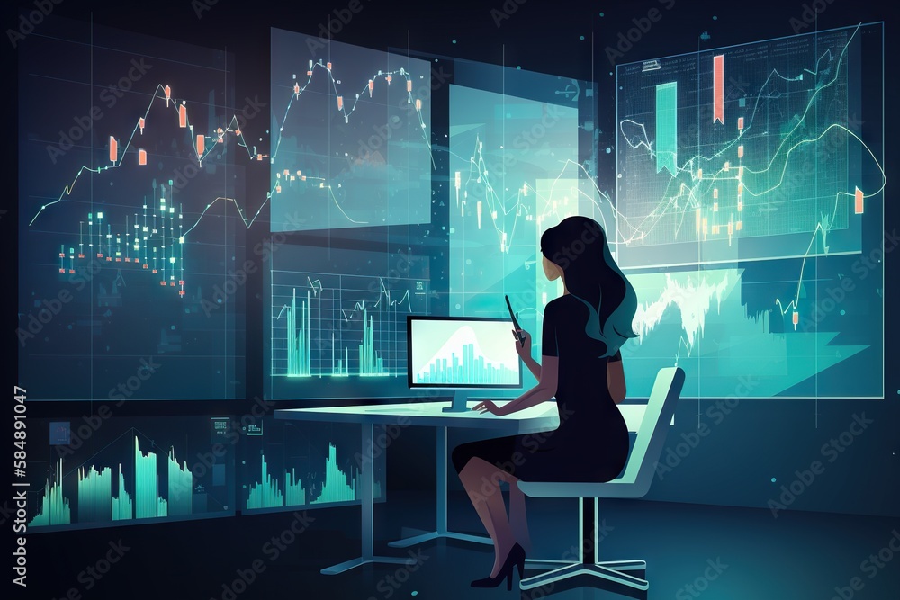Poster a woman sitting at a desk in front of a computer monitor conference room graphic design data analyti