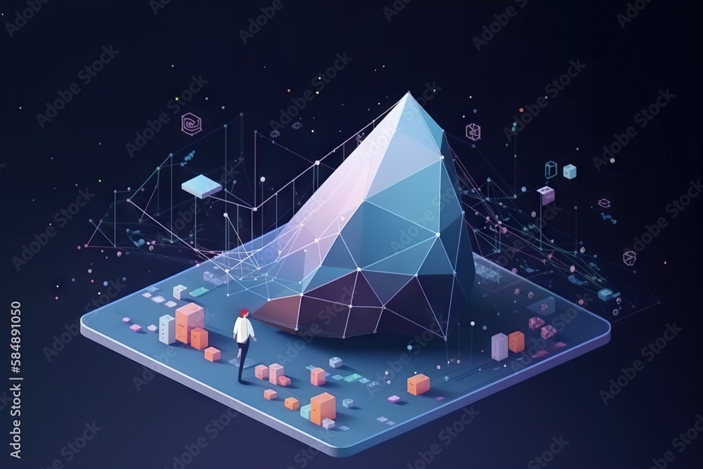 Poster a person standing in front of a large object with a geometric pattern iceberg graphic design motion 