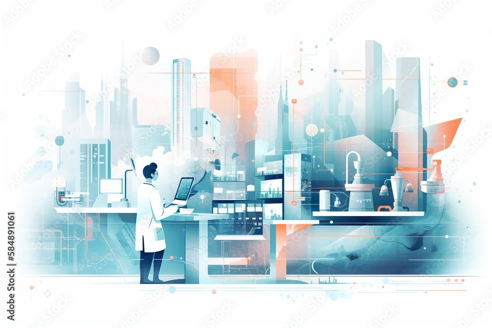 Poster a person standing in front of a computer monitor in a room factory animation science writing