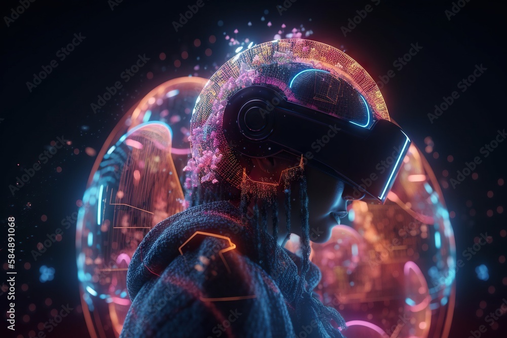 Poster a person wearing a virtual reality headset in a futuristic environment factory animation virtual rea