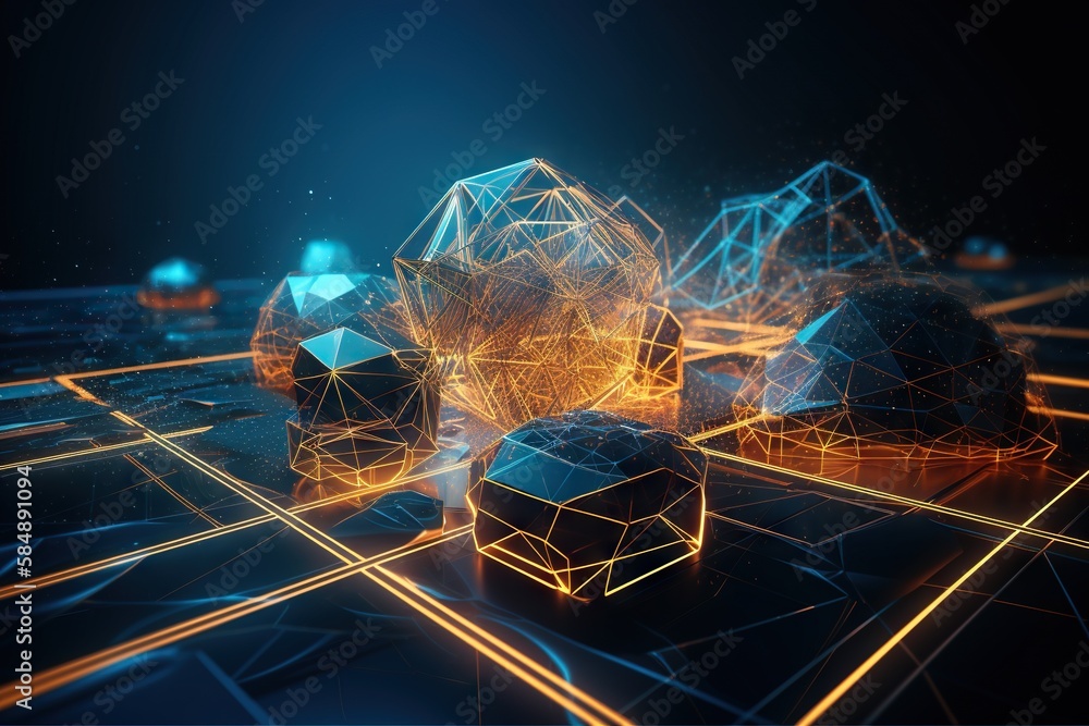 Poster A Group Of Abstract Shapes With Lines And Dots On A Dark Background Factory Animation Supply Chain Optimization Generative AI 