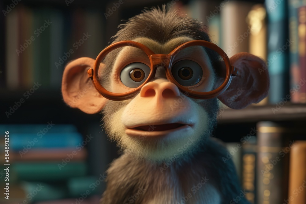 Poster a monkey with glasses on his face and a bookcase in the background zoo animation animation filmmakin