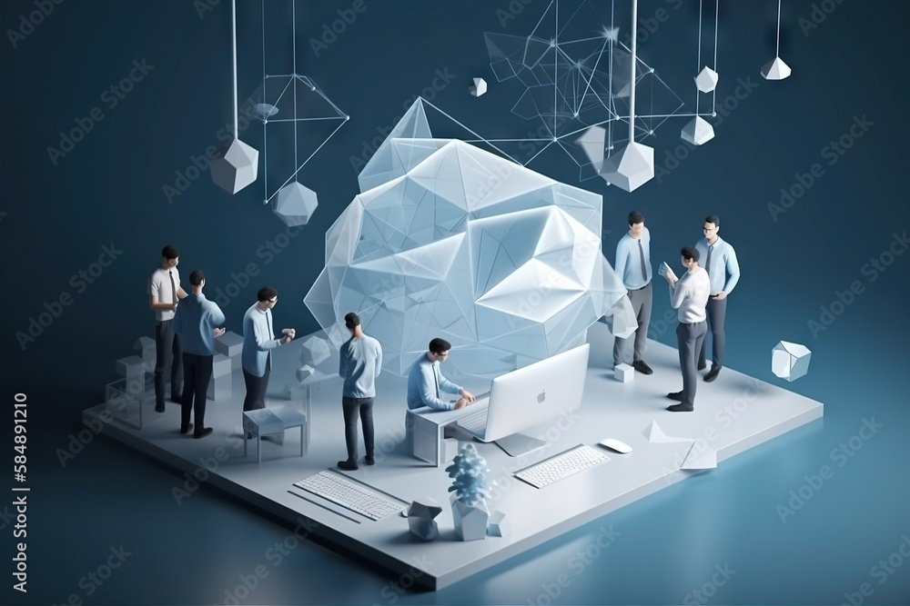 Poster a group of people standing around a computer screen with a large white object in the middle workshop