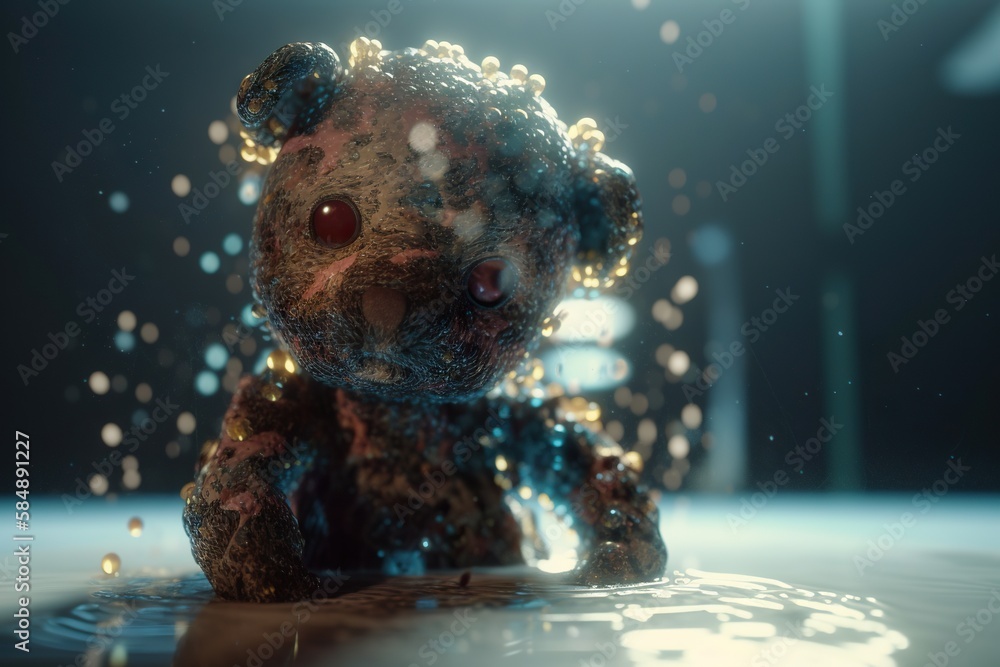 Poster a teddy bear floating in a pool of water with bubbles around it tundra animation motion graphics