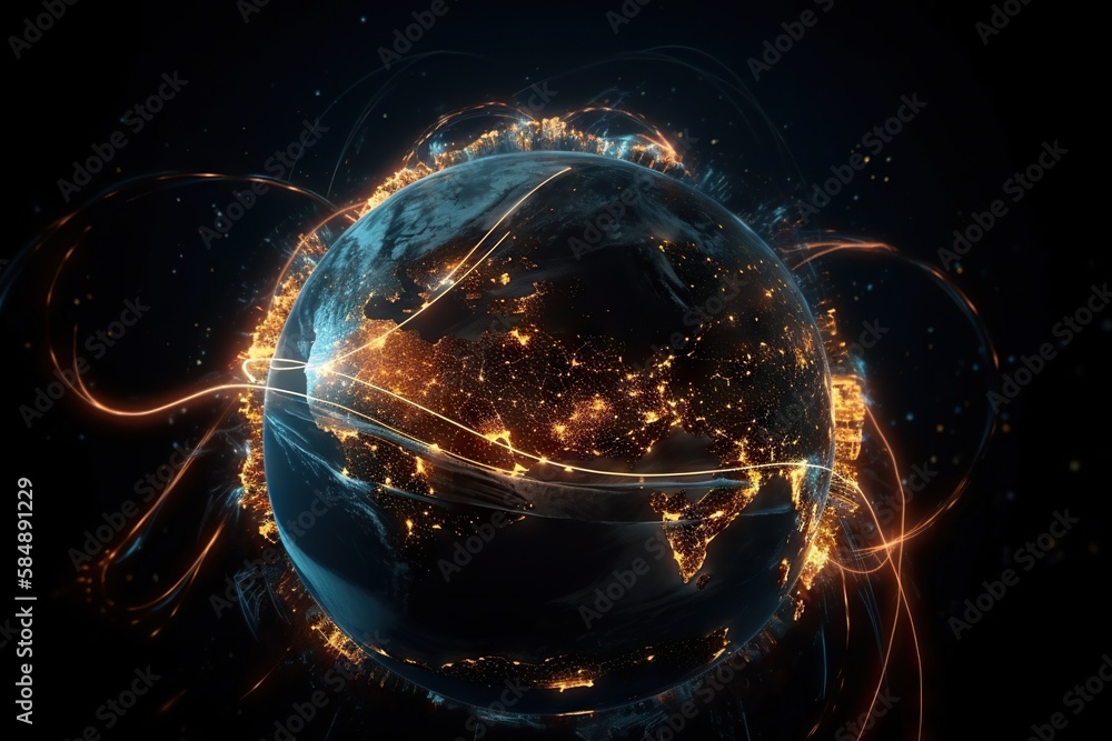 Poster a globe with lights in the middle of it and a dark background deep sea trench video art motion graph