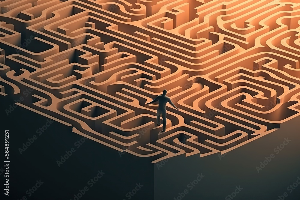 Poster a man standing in a maze with a shadow on it's face deep sea trench graphic design natural language 