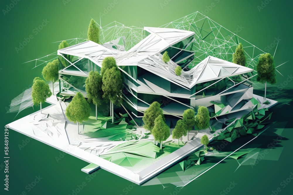 Poster a house with trees and a book on the ground with a green background office building environmental ar