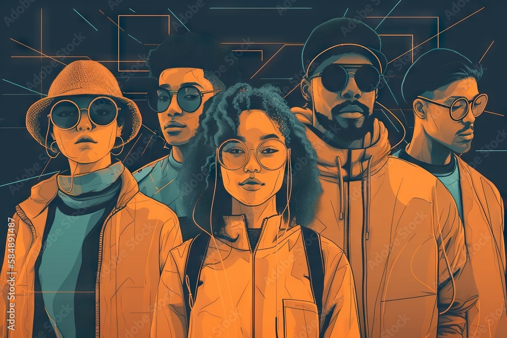 Poster a group of people standing next to each other in front of a blue background radio station graphic de