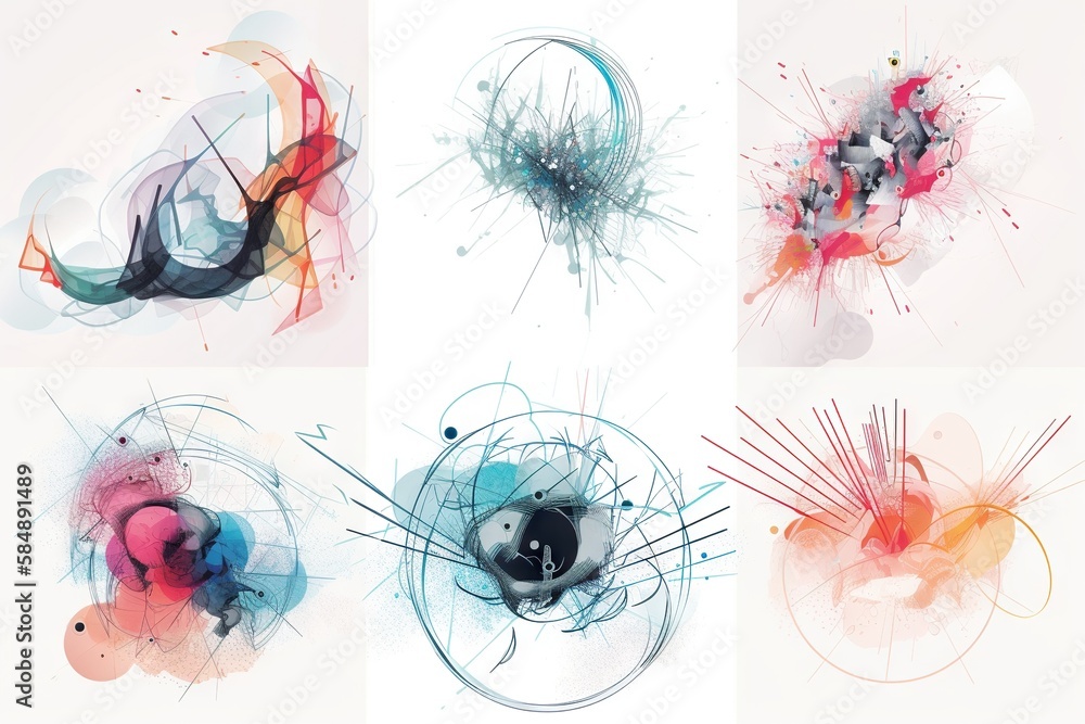 Poster a series of four abstract paintings of different shapes and sizes each with a different color scheme
