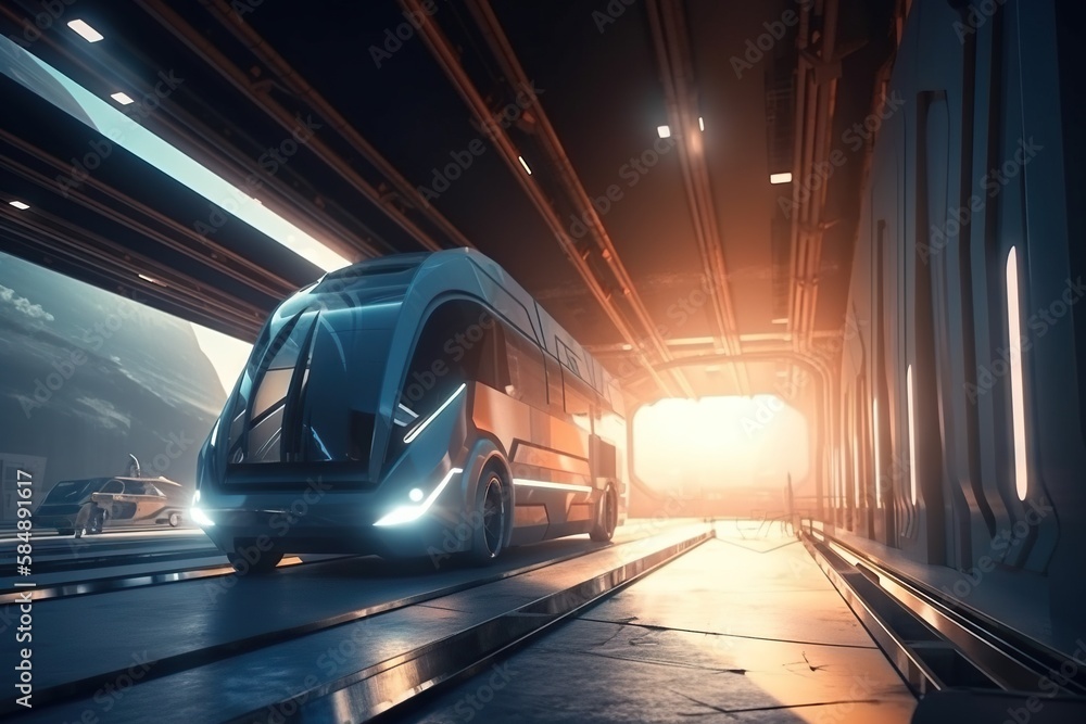 Poster a bus driving through a tunnel with a bright light on it bus station animation automotive design gen