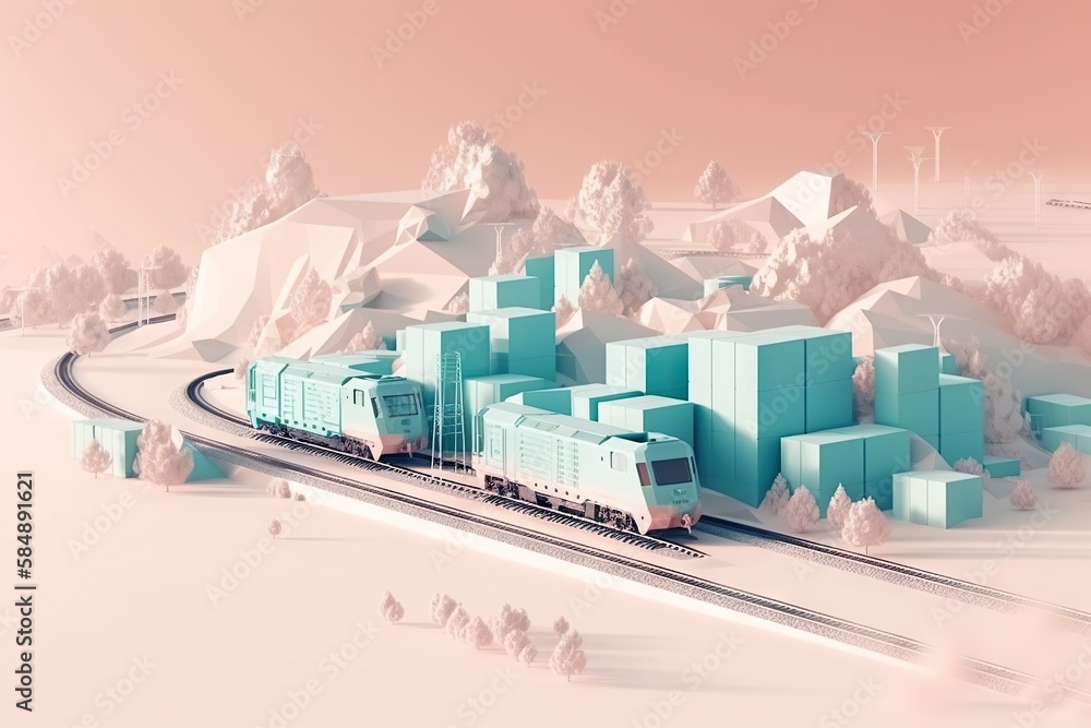 Poster a train is traveling through a snowy landscape with mountains and trees train station animation moti