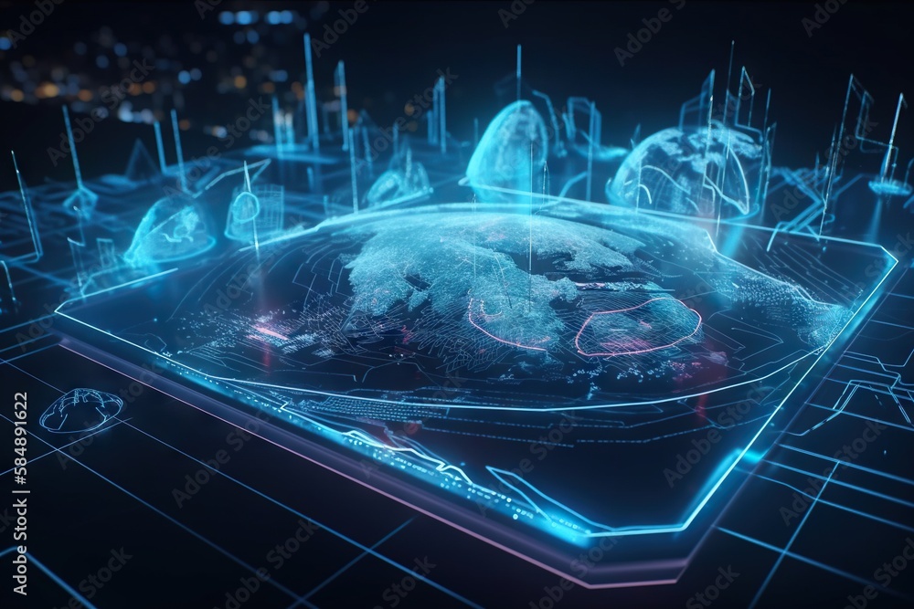 Poster a futuristic earth with a lot of technological information surrounding it in a futuristic setting de