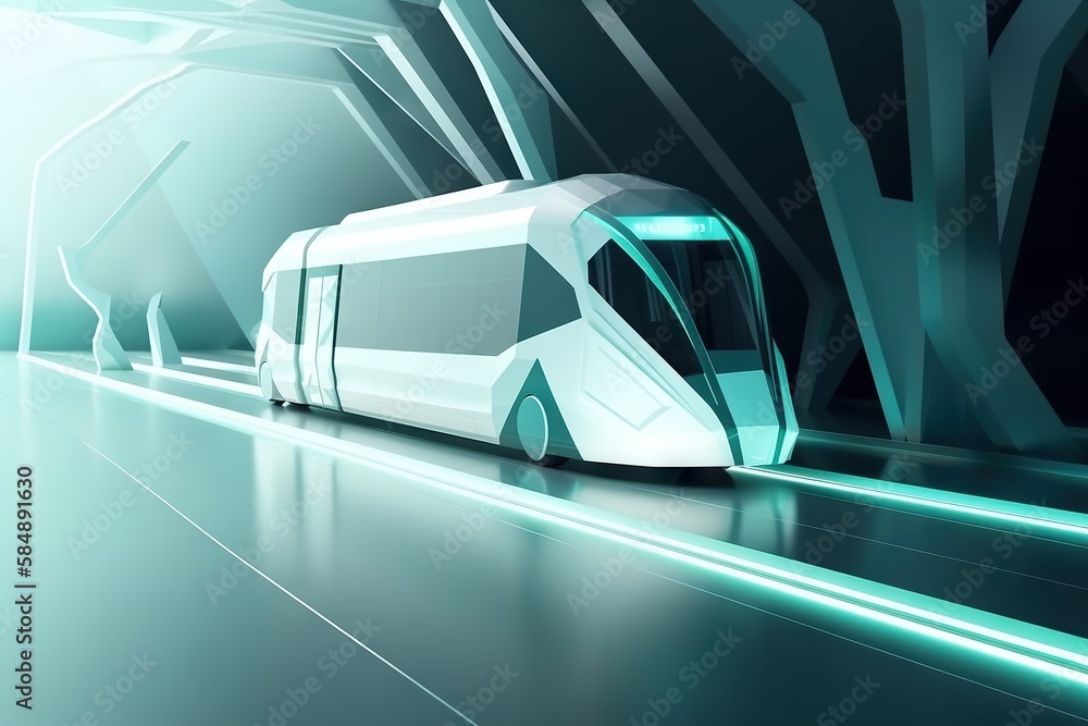 Poster a futuristic train traveling through a tunnel with trees in the background subway station animation 