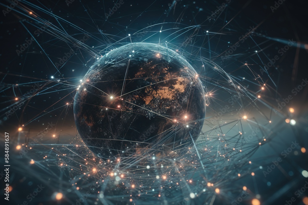 Poster a sphere with many lines and dots around it in the dark deep sea trench animation motion graphics ge