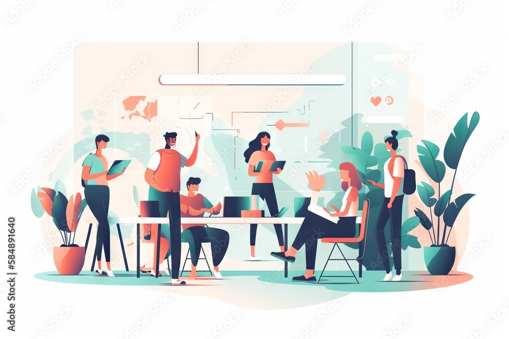 Aufkleber a group of people standing around a table with plants and plants workshop graphic design employee tr