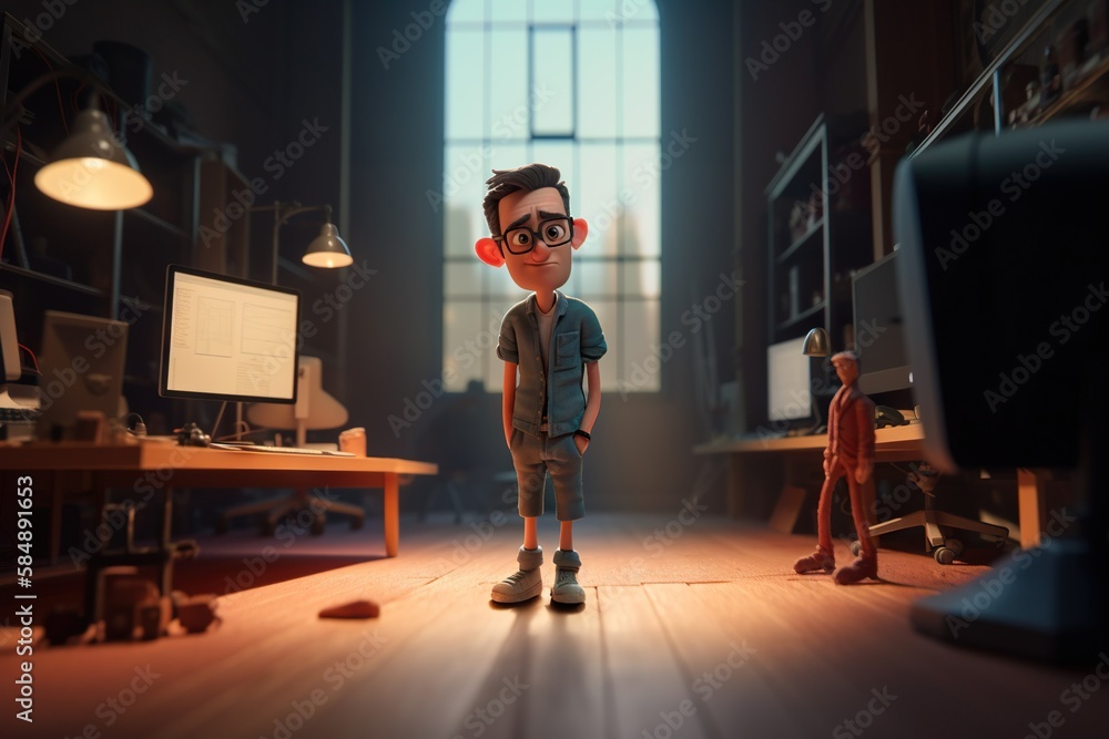 Poster a cartoon character standing in a room with a computer monitor and a lamp workshop animation animati