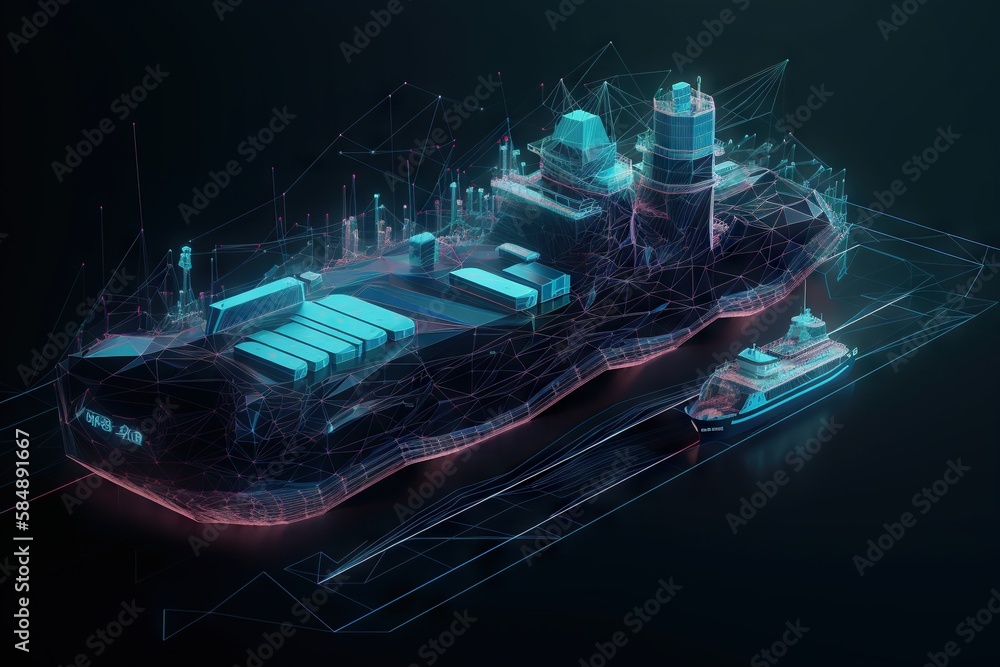 Poster a computer generated image of a ship with a lot of lines military base video art motion graphics gen