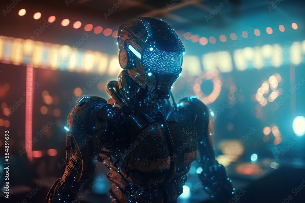 Poster a robot in a futuristic setting with lights on the ceiling and a sign in the background arcade anima