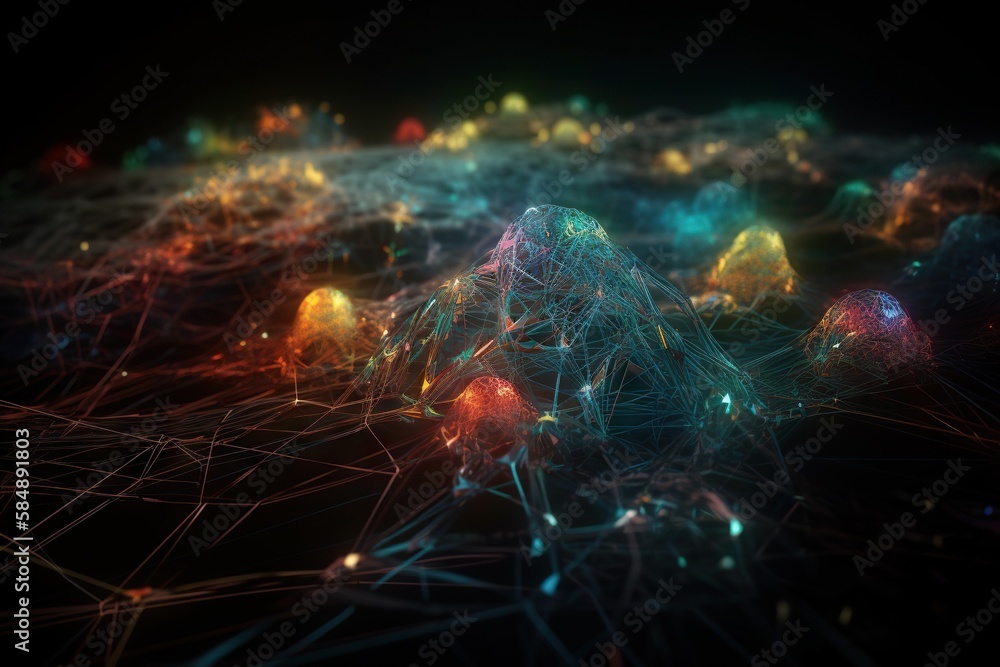 Poster a computer generated image of a network of colorful lights and dots deep sea trench animation motion