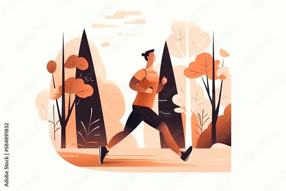 Poster a man running through a forest with trees in the background and a sky background mountain trail in a