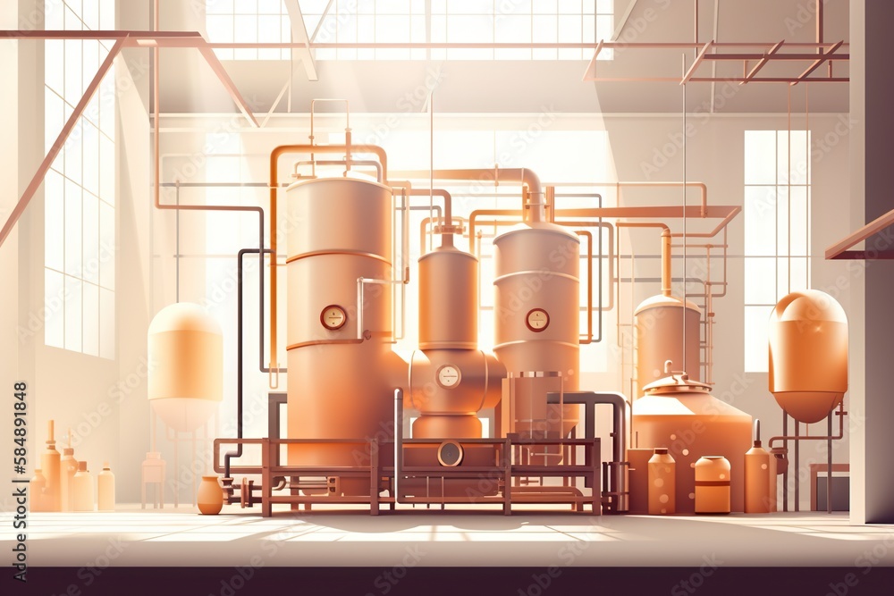 Poster a large room with a lot of tanks and a window in it distillery animation motion graphics